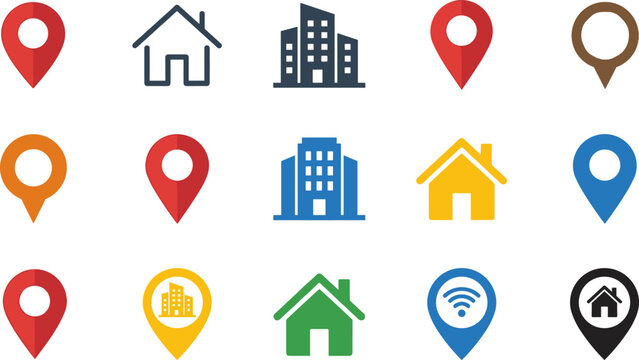 Colorful location pin vector icons with houses and buildings representing navigation, mapping, home addresses, offices, and digital point markers