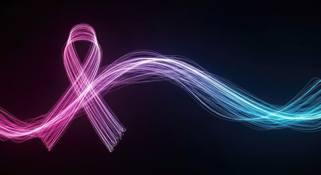 A glowing digital ribbon in vibrant shades of pink and blue curves across a dark background, symbolizing hope and oncology medical progress, ribbon, health, abstract