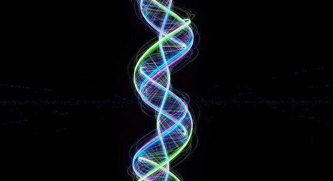 A glowing double helix structure spirals through deep darkness, featuring vibrant neon colors and intricate light trails in a digital void, double, biotech, high-tech