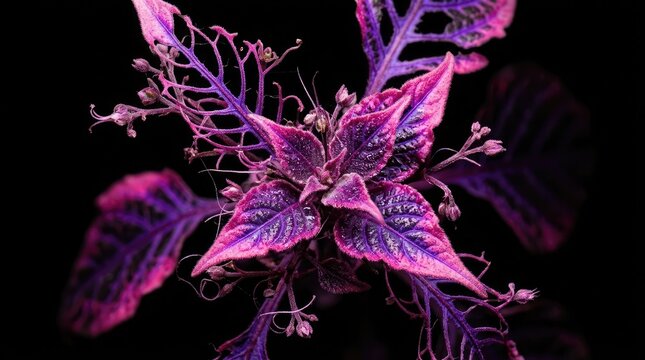 Vibrant purple plant with pink accents blooms in darkness macro texture