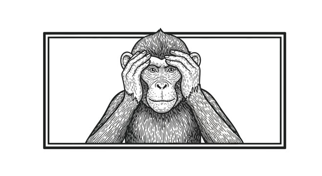 Chimpanzee Covering Eyes in Distress, Vintage Illustration