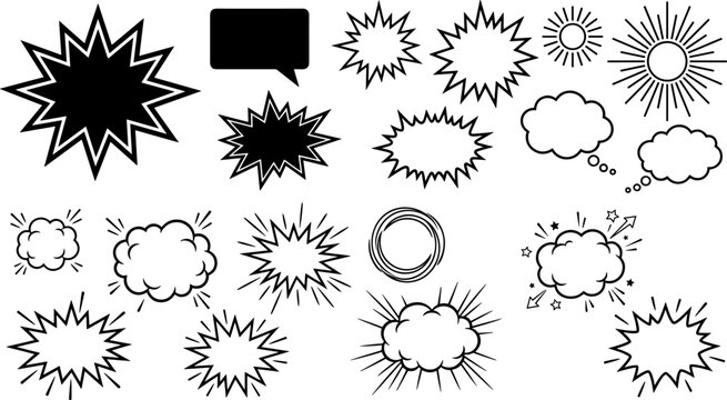 Comic style speech bubbles, explosion shapes, starburst patterns, and thought cloud designs for pop art or creative graphic illustration projects