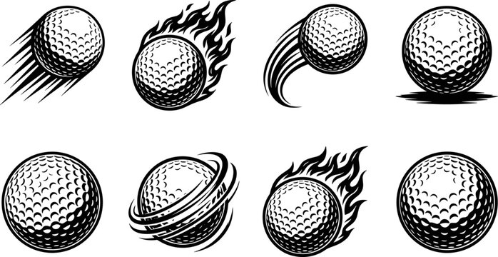 Dynamic black and white golf ball vector designs with speed trails, flames, and spin effects for sports branding and creative logos