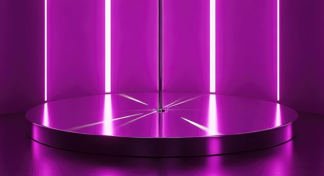 A polished circular stage sits empty under vibrant purple neon lights with a chrome pole reflecting the glow in a dark, atmospheric venue, disco, scene, atmosphere