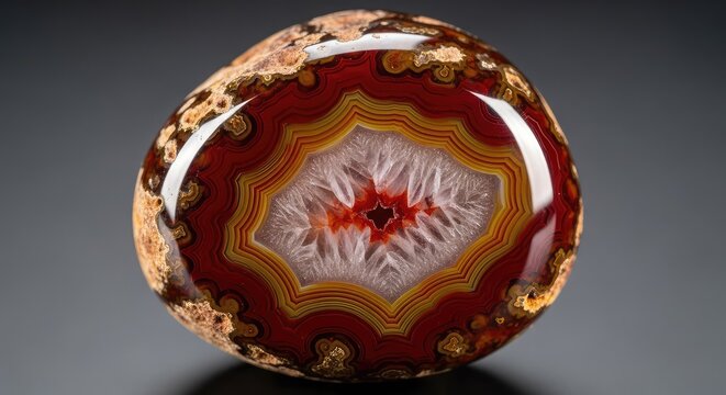 A stunning macro view of a polished agate stone, showcasing intricate banding patterns in earthy tones with translucent mineral layers, background, smooth, pattern