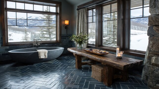 Luxurious bathroom features a stone soaking tub with scenic views of a snowy mountain landscape