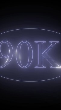 Neon purple ninety thousand subscriber celebration motion graphic showing 90k text inside glowing oval frame with shimmering light effects and dynamic cinematic visual energy.