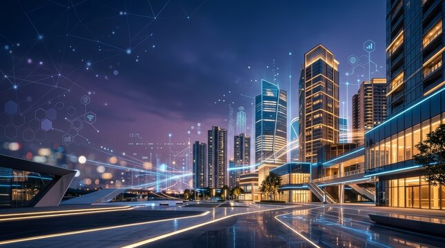 Smart city featuring glowing digital networks and data connections over modern skyscraper architecture. Innovative urban landscape with internet connectivity for technology and business progress.
