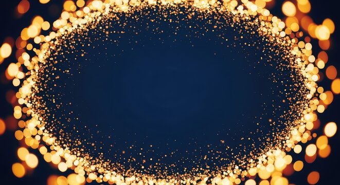 Elegant navy blue background with shimmering gold and orange bokeh lights. Abstract blurred glitter creates a festive holiday atmosphere, decoration, night, soft