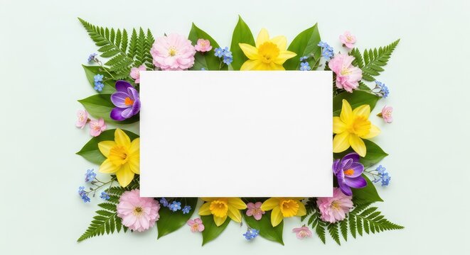 Elegant top-down view of a white blank card centered within a vibrant border of spring flowers and green leaves on a light pastel surface, roses, parchment, spring