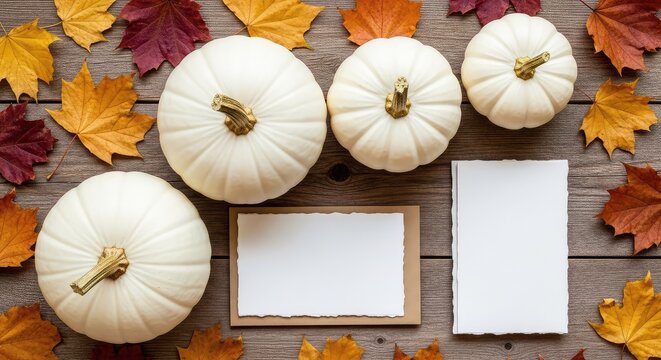 Elegant white pumpkins and blank invitation cards arranged on a rustic wooden surface with dried autumn leaves for a cozy holiday setting, atmospheric, greeting, natural