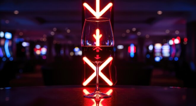 Elegant wine glass illuminated by neon red arrows in a dimly lit lounge, showcasing a high-stakes casino atmosphere and vibrant nightlife, dark, digital, blur