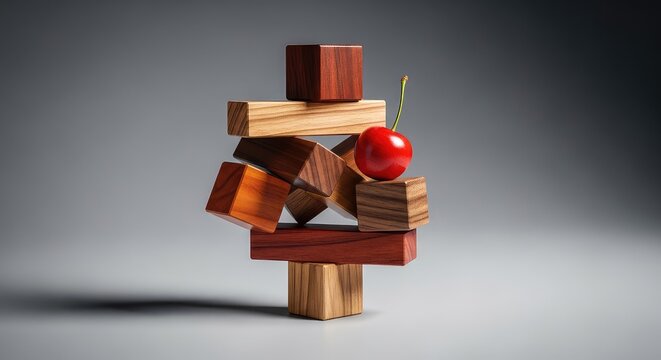 Elegant wooden blocks are stacked in a balanced formation on a gray surface, representing the solid foundation of corporate ethical systems, formation, leadership, neutral
