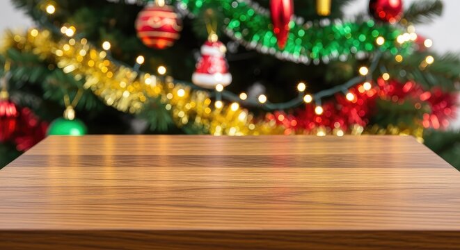 Empty wooden surface with a soft focus background of a decorated Christmas tree and warm glowing lights, perfect for product photography, lights, fir, warm