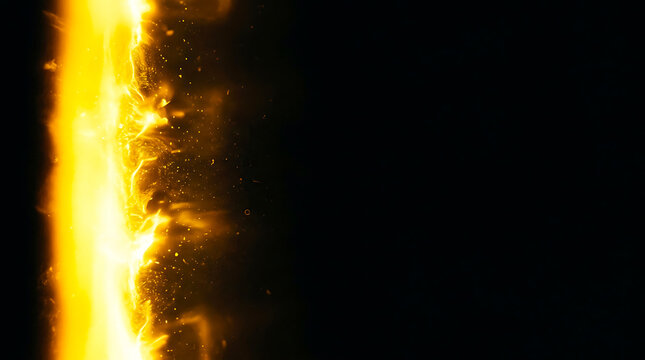 Vertical column of intense fire flames with scattered flying embers on black background vertical abstract combustion background particles firewall firelight