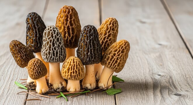 Freshly foraged forest morel mushrooms displayed on a vintage rustic wooden tabletop, highlighting the unique honeycomb cap and woody stems, background, wooden, earthy