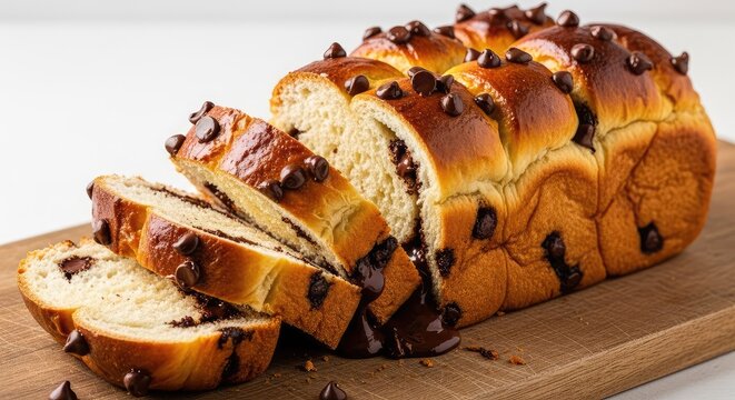 Freshly baked golden sweet bread loaf with melting dark chocolate chips sliced on a rustic wooden board, perfect for dessert or snacking, golden, snack, oven