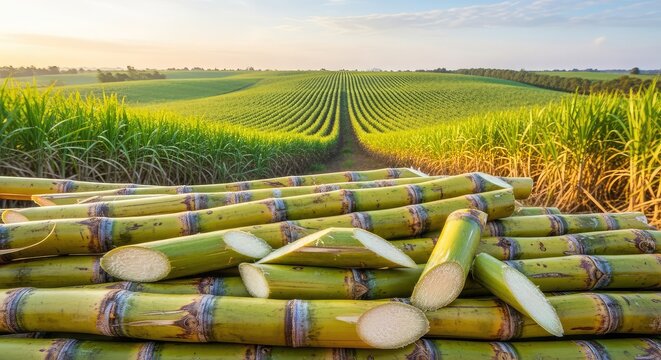Freshly harvested sugar cane stalks lie in the foreground with a vast green plantation stretching into the horizon under a bright sky, food, botanical, renewable
