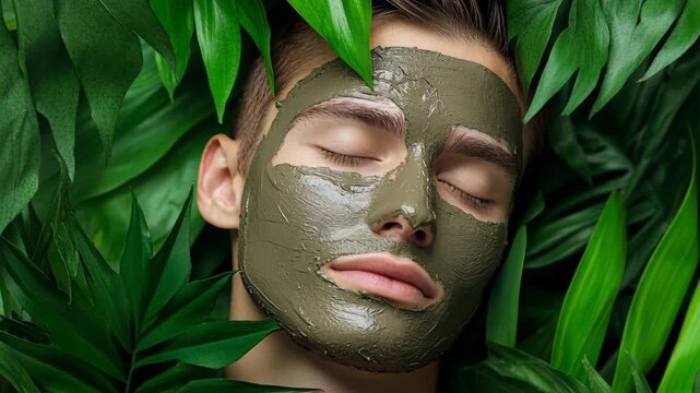 A man with a clay face mask resting peacefully surrounded by lush tropical green leaves.