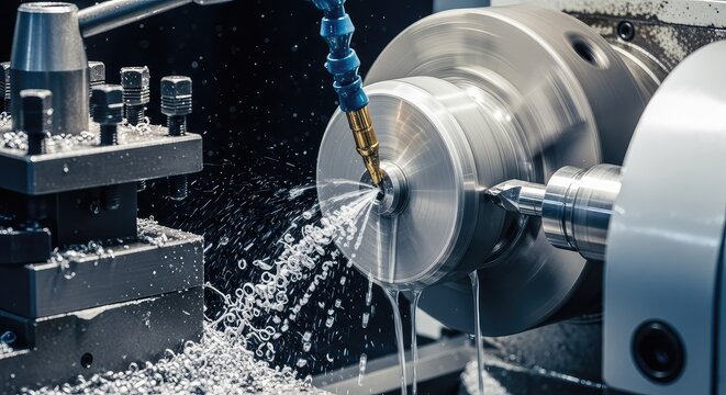Industrial metal lathe machine in motion carving a rotating steel cylinder while cooling fluid sprays and metallic shavings fall away neatly, steel, milling, motion