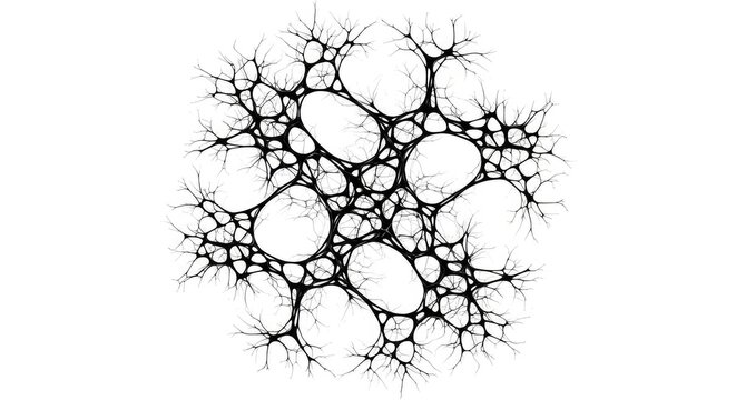 Intricate black and white organic pattern of interconnected nodes and filaments resembling a neural network under bright studio lighting, synapses, complex, digital
