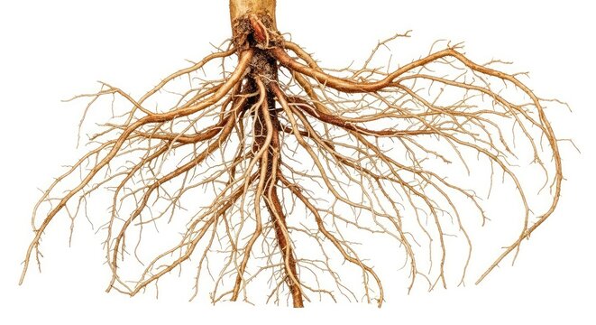 Intricate root system with thin branching fibers and organic textures isolated against a pure white background, highlighting natural growth, clean, base, complex