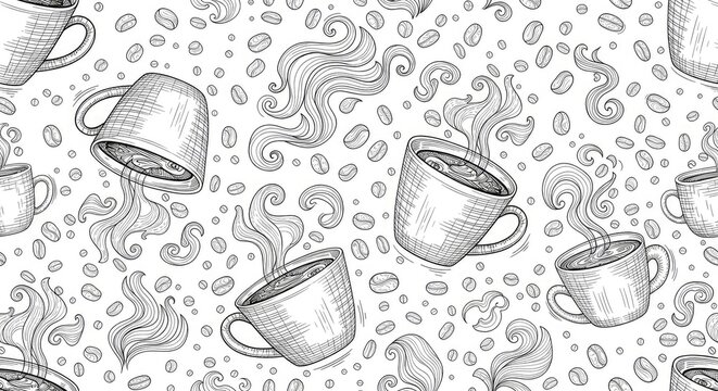 Intricate seamless pattern showcasing hand-drawn coffee beans, steaming mugs, and swirling steam doodles in a minimalist black ink style, background, coffee, decorative