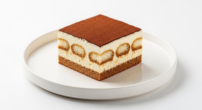 Luscious square slice of tiramisu cake features distinct layers of cream and ladyfingers, topped with cocoa powder on a round white plate, bakery, snack, chocolate