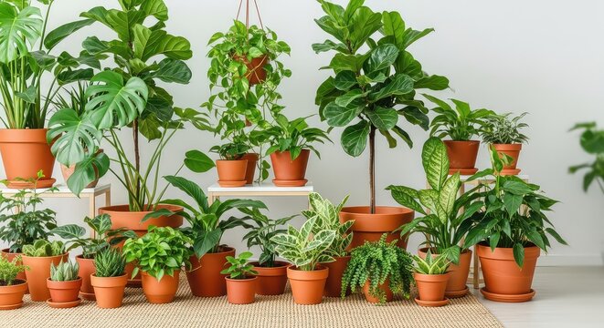 Lush greenery overflows in this peaceful botanical sanctuary, featuring various indoor plants and terracotta pots for a cozy atmosphere, atmosphere, growth, ivy