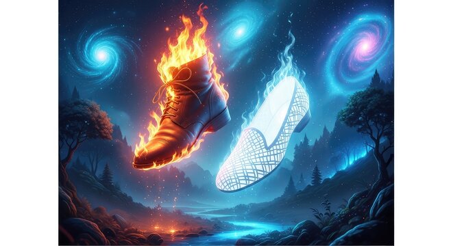 Magical footwear floating over a mystical realm with one shoe glowing in bright flames and the other radiating pure white light in nature, ice, levitation, mystical