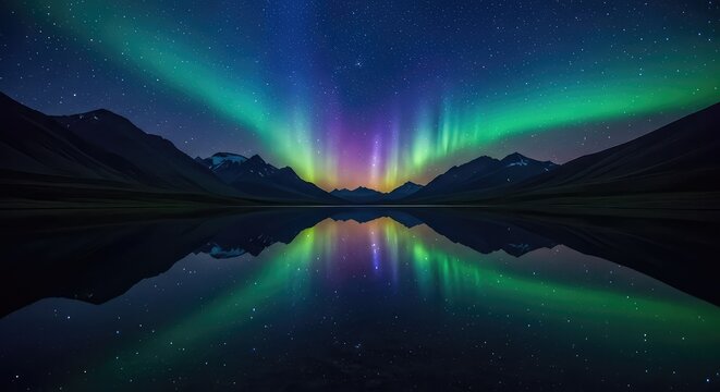 Majestic mountains surround a crystal clear lake that mirrors the vast expanse of a twinkling starry sky and celestial light at midnight, tranquil, environment, night