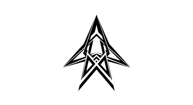 Minimalist black and white symmetrical design with sharp interlocking lines forming an abstract arrowhead shape on a clean white backdrop, digital, geometric, pattern