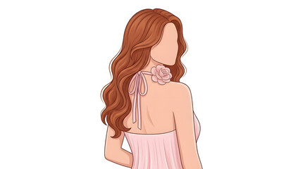 Obraz premium Elegant back-view illustration of a faceless woman with long auburn hair wearing a pink halter dress with a rose detail.