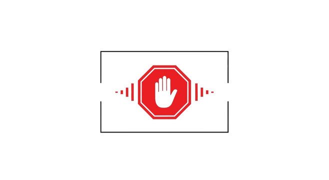 Stop Sign Icon with Hand Symbol and Sound Waves, Warning and Alert Concept