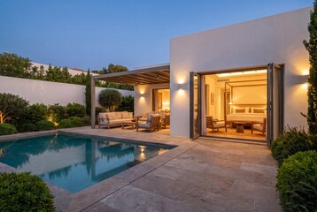 Obraz premium Modern Resort Poolside Terrace with Sun Loungers and White Walls