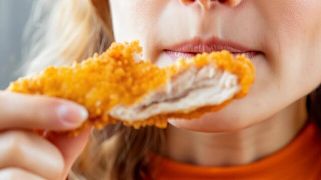 A close up view of a person eating a golden crispy fried chicken tender piece with great enjoyment.