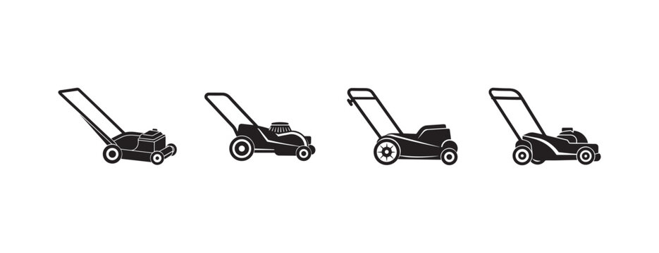  lawn mowers in black and white illustrations side view  various gardening equipment