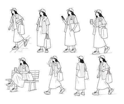  Street Style Girl Pose Set Line Art 