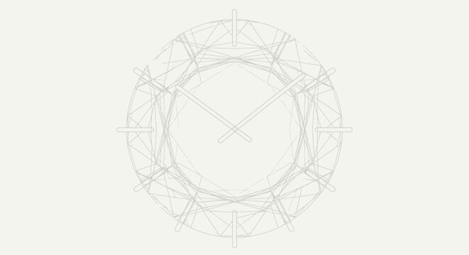 Abstract geometric wireframe clock design on a light background, minimalist time concept, modern digital rendering for precision and planning