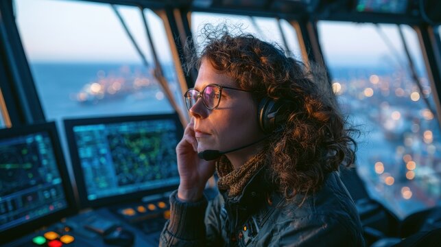 A female traffic controller wearing headphones sits in a harbor control room with screens and views of the port