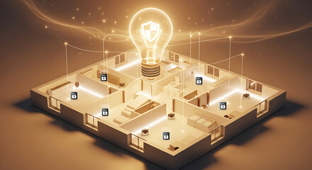 Fototapeta premium Smart home security concept with safe lightbulb icon over illuminated house plan