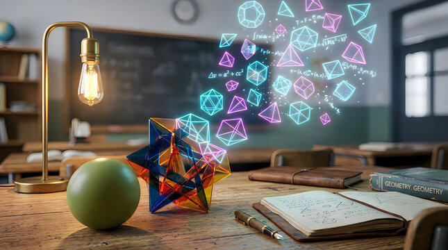 Abstract geometric star figure with glowing holographic polyhedral shapes on wooden desk, geometric