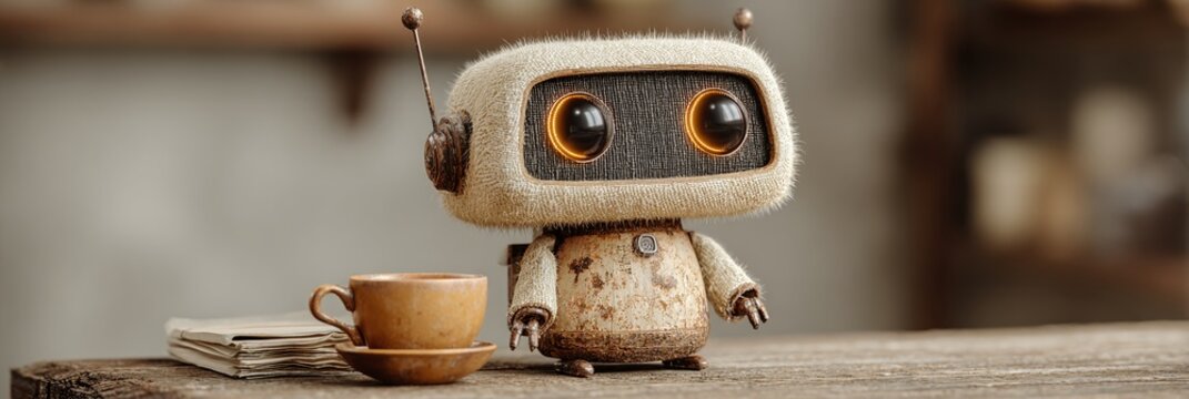 A small robot sits on a table next to a cup and books in a room.