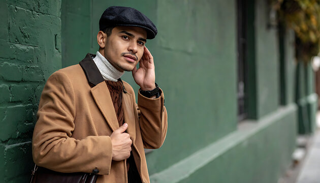 Stylish man in flat cap and camel coat leaning against green brick wall, looking thoughtful, vintage style portrait