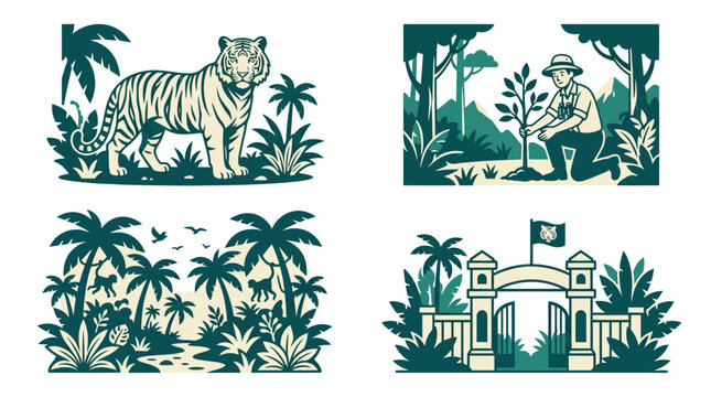 Set of green illustrations showing wildlife and nature conservation