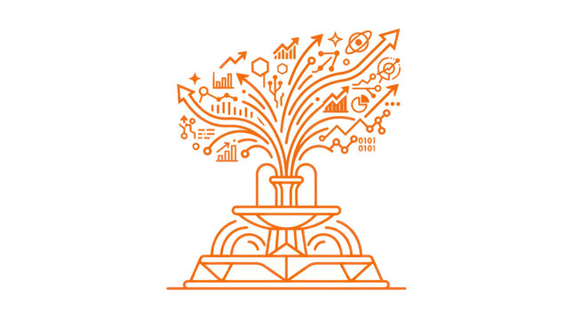 Abstract Data Fountain with Growth Arrows and Binary Code