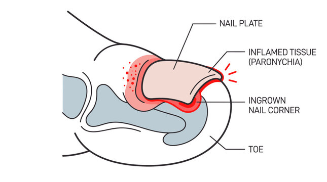 Ingrown Toenail Medical Illustration: Paronychia, Inflamed Tissue, Nail Plate