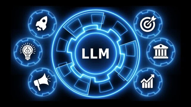 Digital concentric circles with business icons and LLM text motion graphic.