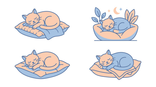 Cute cartoon cats sleeping peacefully on soft pillows