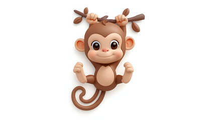 Fototapeta premium Cheeky 3D icon of a cute little monkey hanging from a green vine isolated on white background